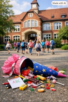 Das KI generierte Bild zeigt eine offene Schultüte im Vordergrund mit vielen Süßigkeiten. Unscharf im Hintergrund ist eine Schule zu sehen, auf die mehrere Kinder zulaufen.  Bildtitel: Egal ob 1. oder 10. Klasse: Alles Gute zum Schulstart!